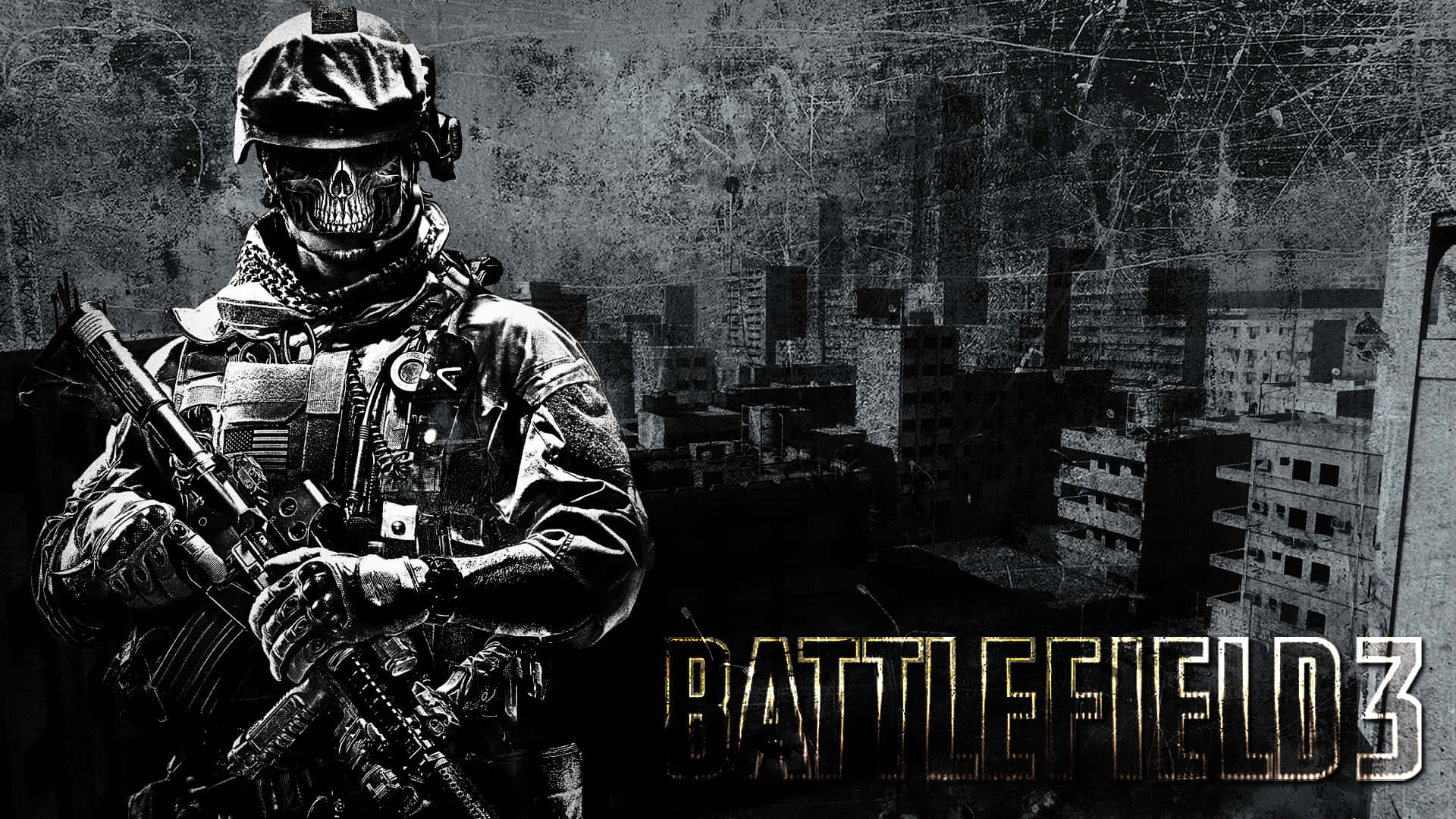 1920x1080《Battlefield 3》圖形設計背景 壁紙 — 一名戴著骷髏面具和戰鬥裝備的士兵，在 gritty 的城市戰區背景下手持步槍，並帶有 'Battlefield 3' 標題。