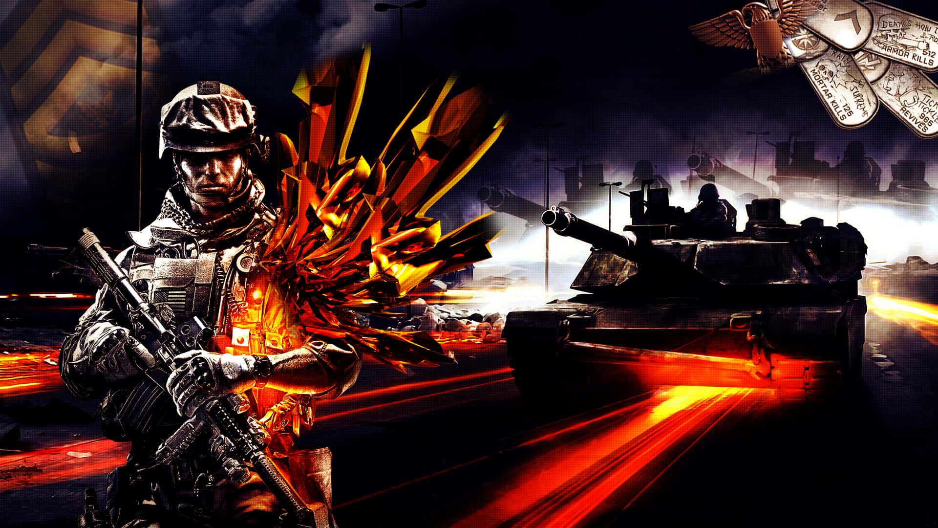 1920x1080《Battlefield 3》遊戲背景 壁紙 — 一名身穿戰鬥裝備的士兵站在猛烈爆炸中，背景有坦克，天空因戰爭而黑暗破敗。