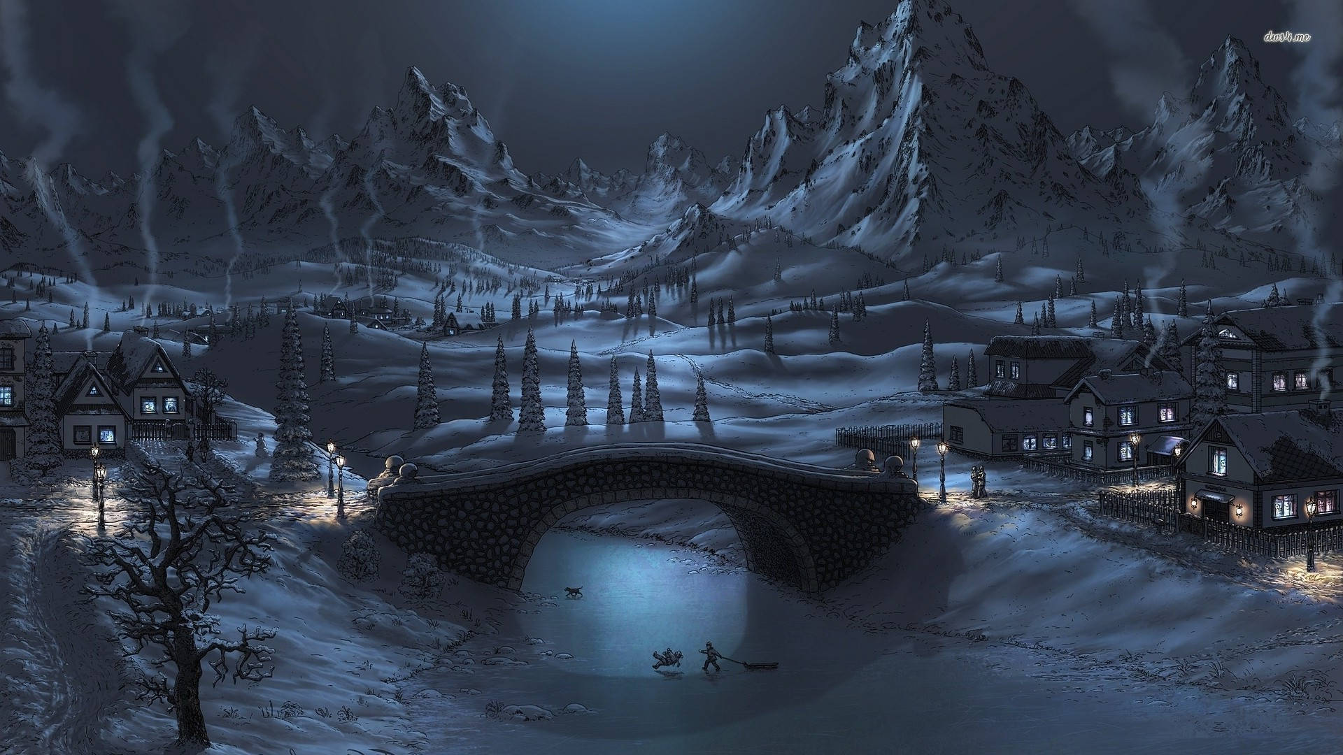 雪覆蓋的山村夜晚，發光的窗戶和石橋橫跨河流。