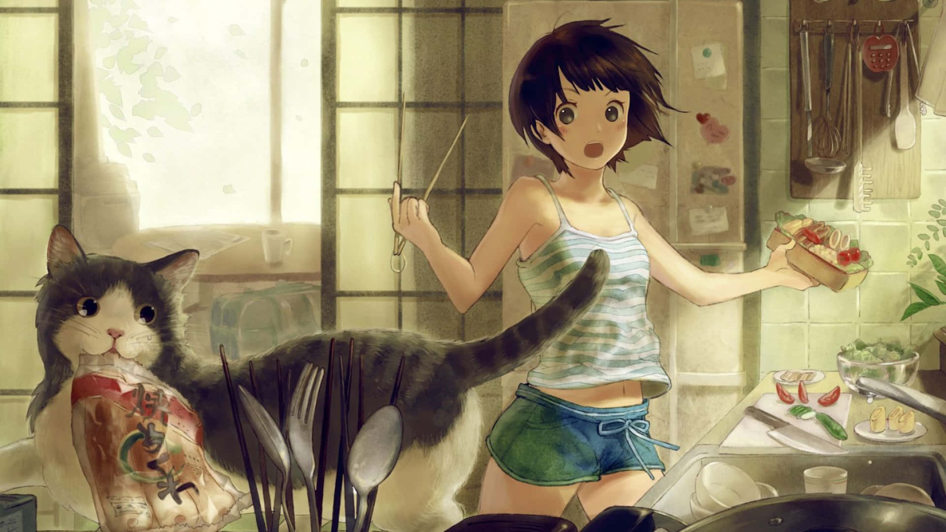 1920x1080動漫少女驚訝貓咪背景 壁紙 — 一個在廚房裡驚訝的動漫女孩拿著三明治，而一隻貓偷走了她的零食袋。