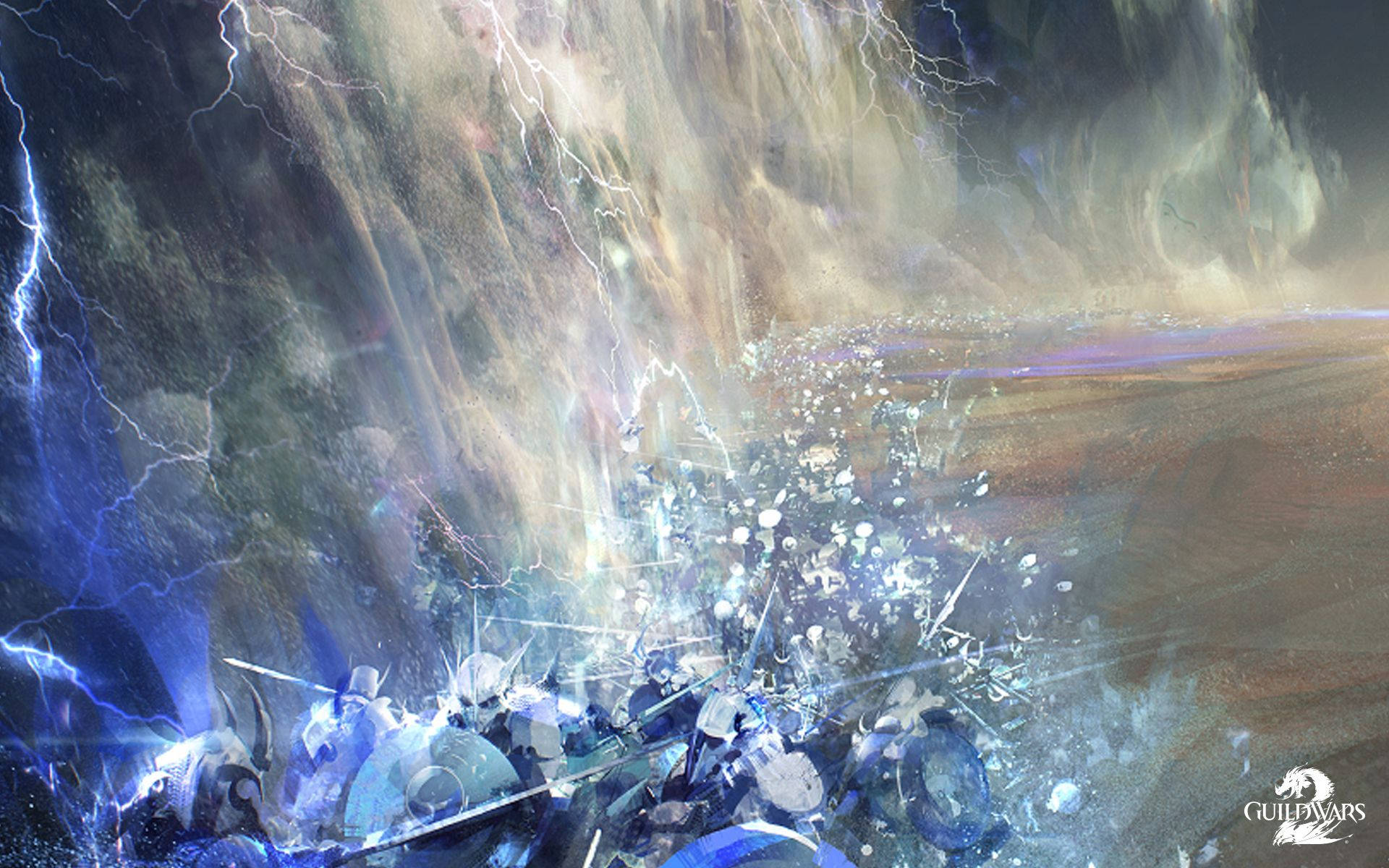 奇幻戰士在暴風雨的天空下，伴隨著閃電和破碎的碎片交戰。