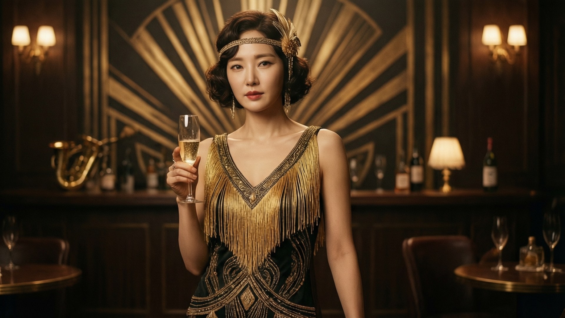 1920 年代 flapper 裙女子在地下酒吧手持香檳。