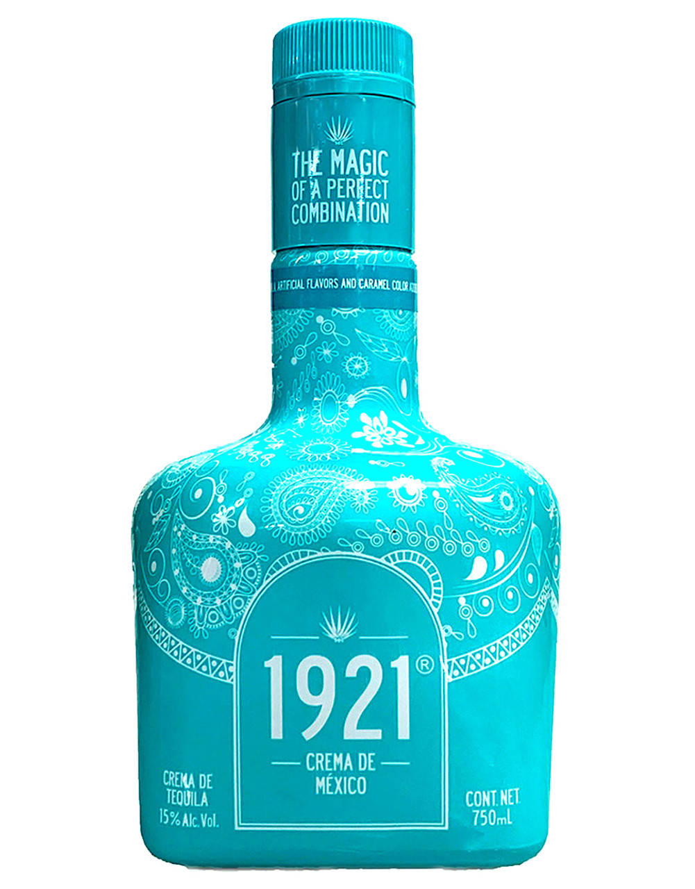1921 蒂克利亞藍瑪雅奶油龍舌蘭酒瓶（純白背景） 壁紙 — 一個充滿活力的藍綠色1921 Crema de Tequila酒瓶，帶有白色華麗圖案和粗體文字，背景為純白色。