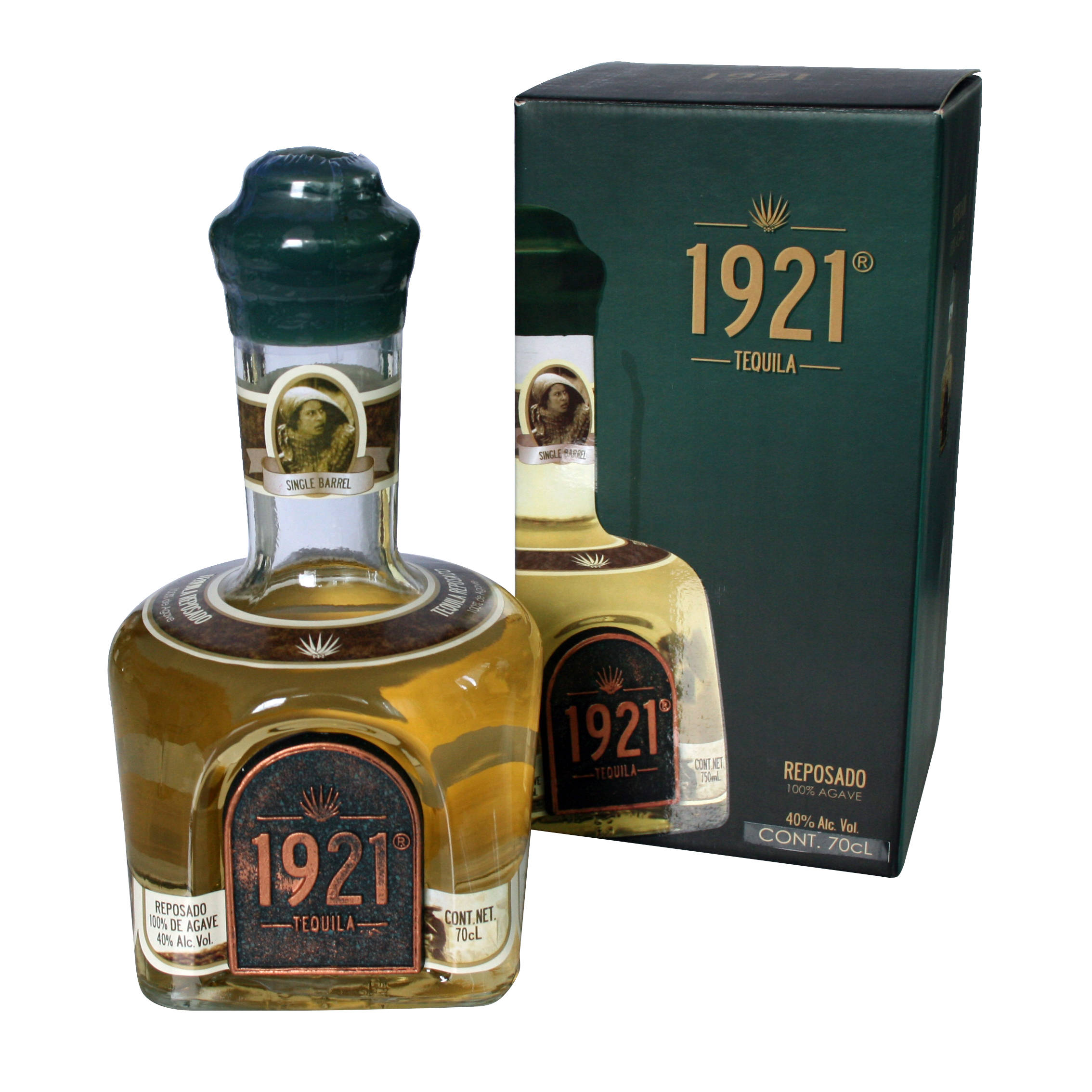 1921 蒂基拉 Reposado 小瓶配盒蓋 壁紙 — 一瓶清澈玻璃瓶裝的1921 Reposado龍舌蘭酒，琥珀色液體，旁邊是其深綠色品牌盒子，背景為白色。