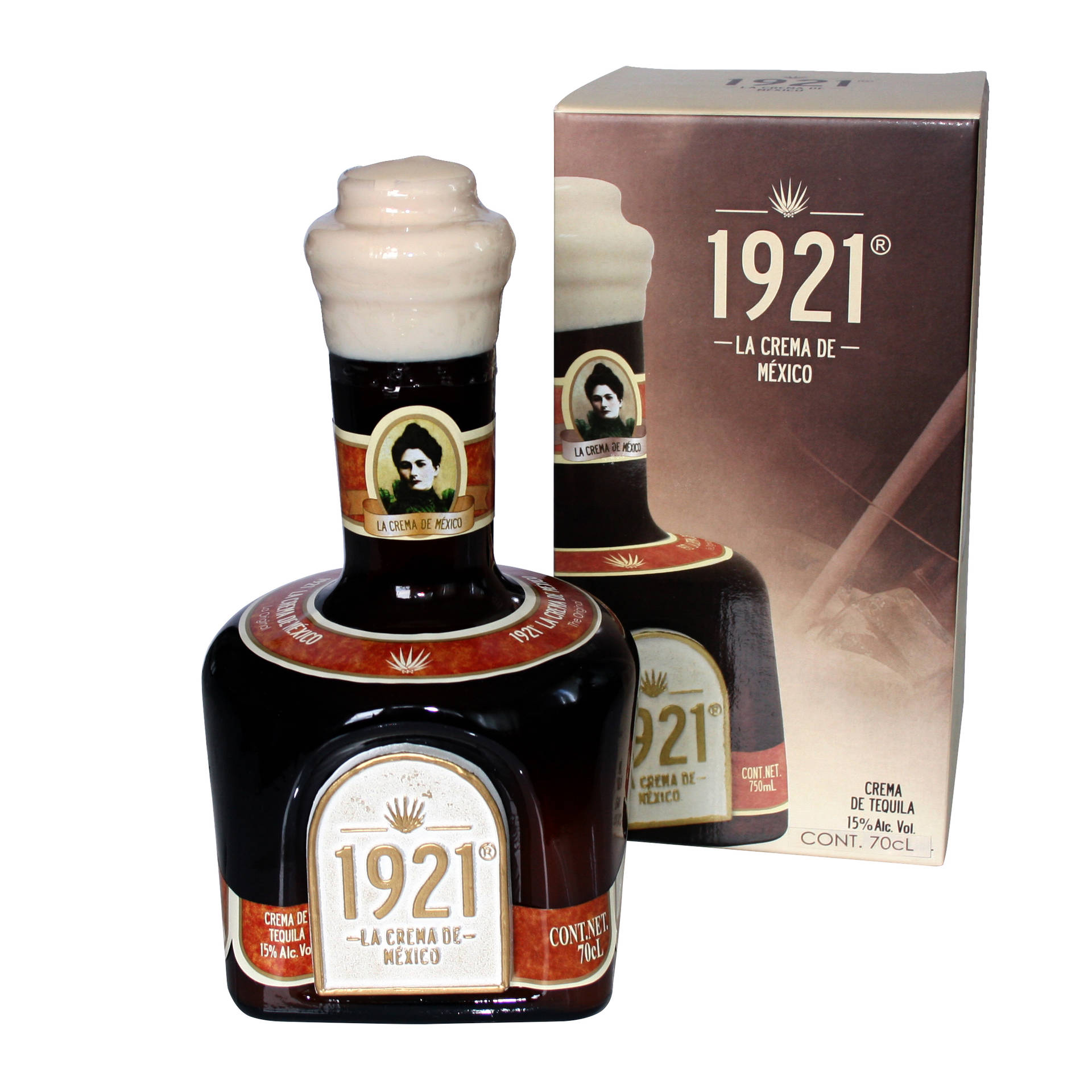 1921 La Crema de Mexico龍舌蘭酒瓶和盒子，帶有奶油色瓶蓋和標籤。