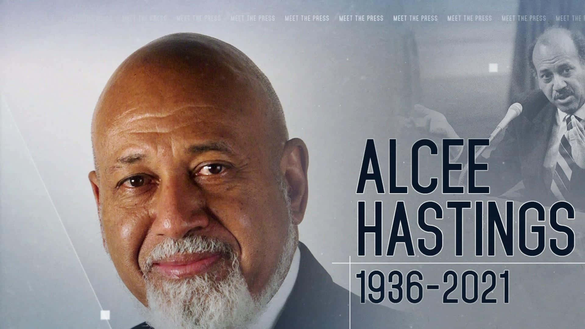 致敬阿爾西·哈斯廷斯（1936-2021） 壁紙 — Alcee Hastings 的肖像，留著白鬍子，身穿西裝，背景為灰色，顯示他的名字和壽命。