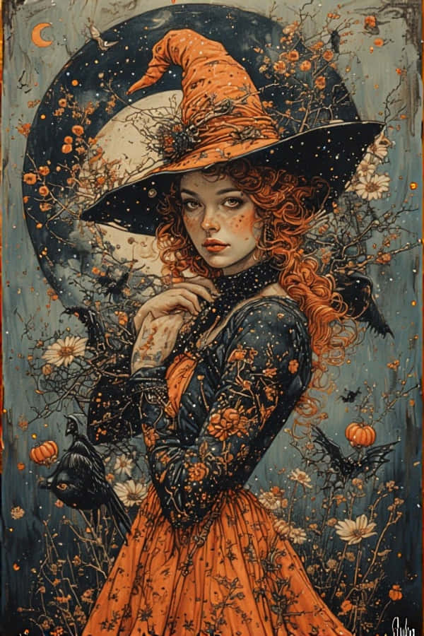 1940年代萬聖節女巫復古紋身閃卡風格 壁紙 — 一個擁有火紅捲髮和橙色帽子的女巫站在滿月前，周圍環繞著南瓜、蝙蝠和秋花。