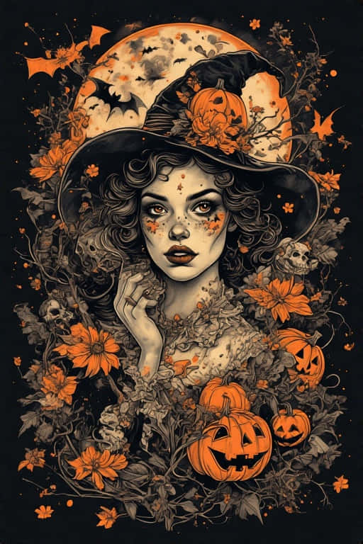 1940s Halloween Witch Vintage Tattoo Flash Style 壁紙 — 一位捲髮、橙色花卉妝容的女巫，在南瓜、頭骨、蝙蝠和發光的月亮環繞下向前凝視。