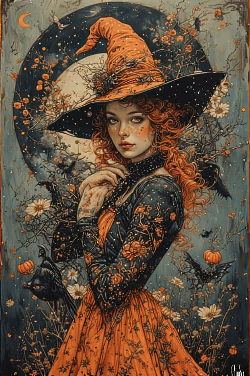 一個紅髮橙色帽子的女巫站在月光下的田野裡，有南瓜和蝙蝠。