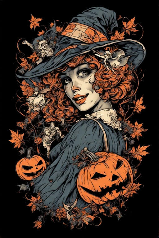 一位擁有紅髮和帽子的女巫，手持傑克南瓜燈，周圍環繞著秋葉和骷髏。