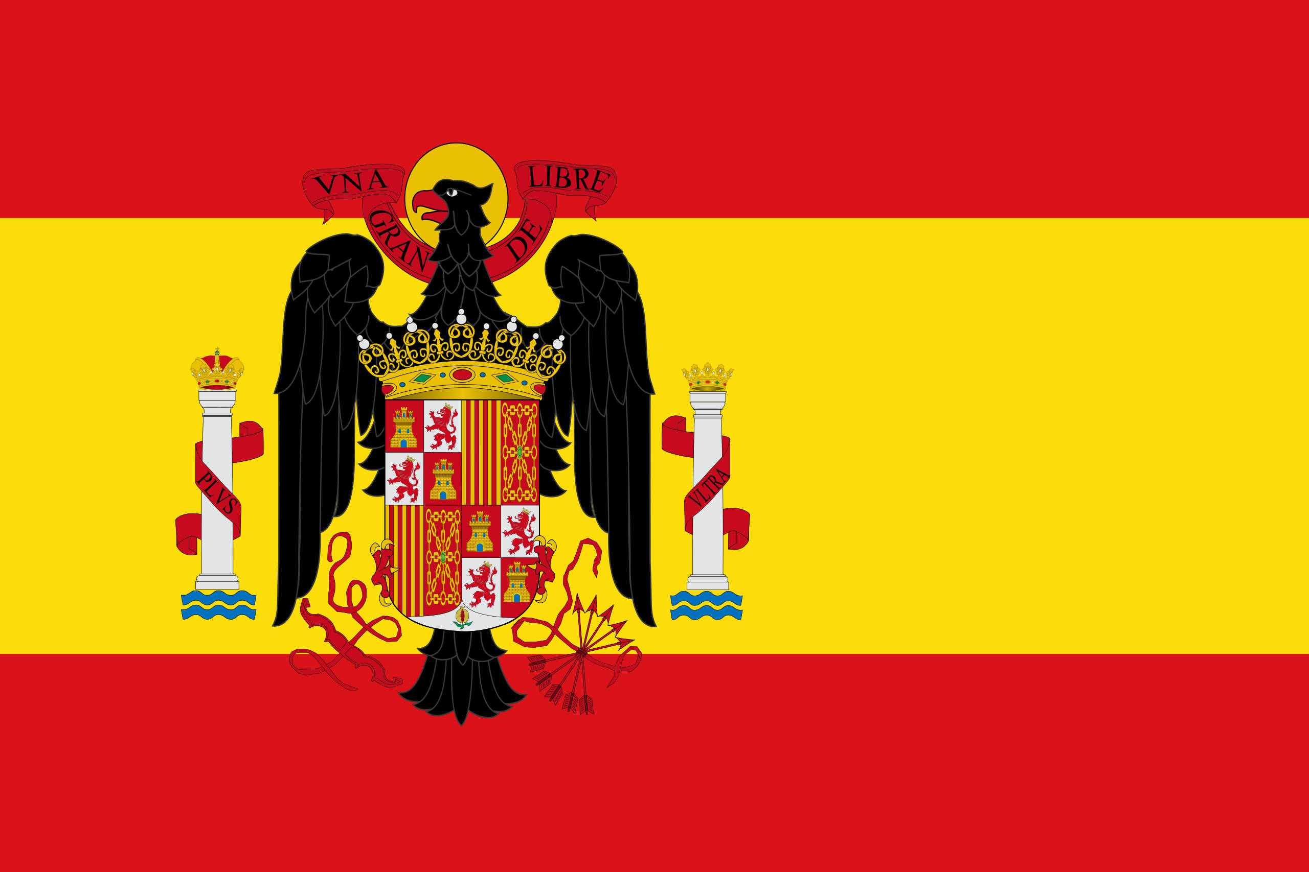 1945至1977年歷史性西班牙國旗 壁紙 — 西班牙國旗以鮮明的紅黃橫條為特色，黃色條帶中央有一個細節豐富的黑色鷹徽。