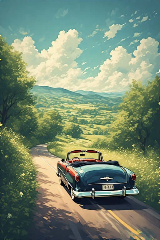 1950s Car Adventure 4K 壁紙 — 一輛復古青綠色敞篷車沿著陽光明媚的蜿蜒道路行駛，穿過茂密的綠色山丘，天空湛藍，白雲朵朵。