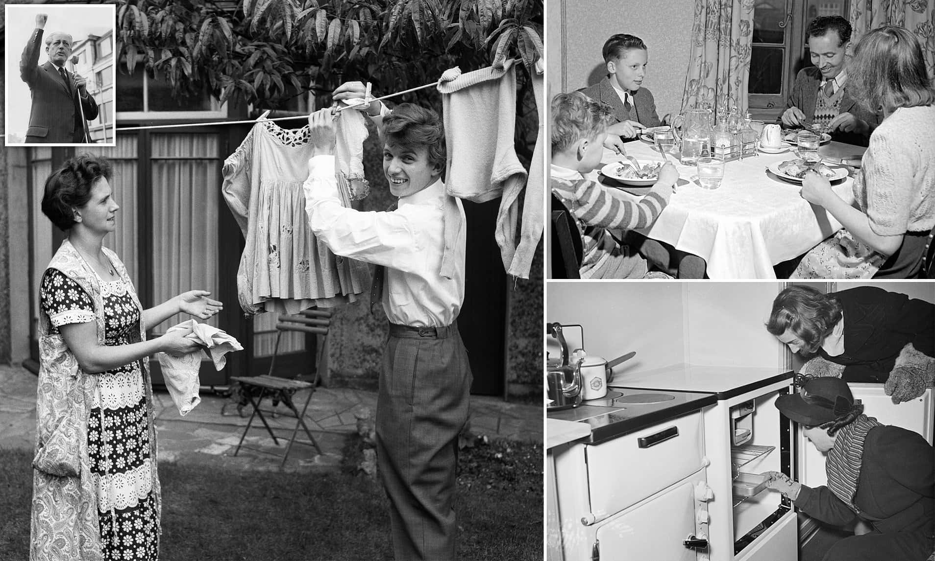 1950年代家庭場景的黑白拼貼畫，包括洗衣、用餐和焗爐使用。