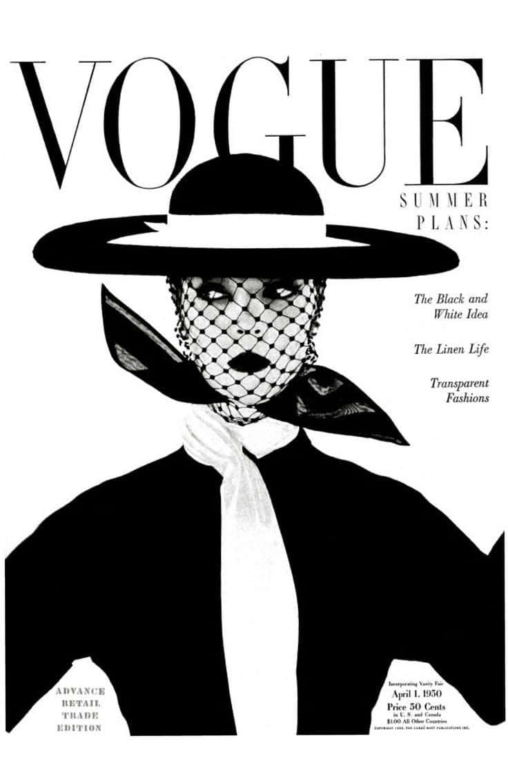 Magazine 桌布 壁紙 — 1950年大膽的黑白Vogue封面， featuring 一位戴寬邊帽和魚網面紗的女性。
