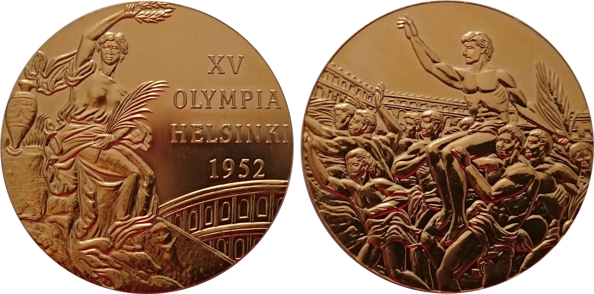 1952年赫爾辛基奧運金牌 壁紙 — 1952年赫爾辛基奧運金牌，展示奧運人物和月桂花環，背景為黑色。
