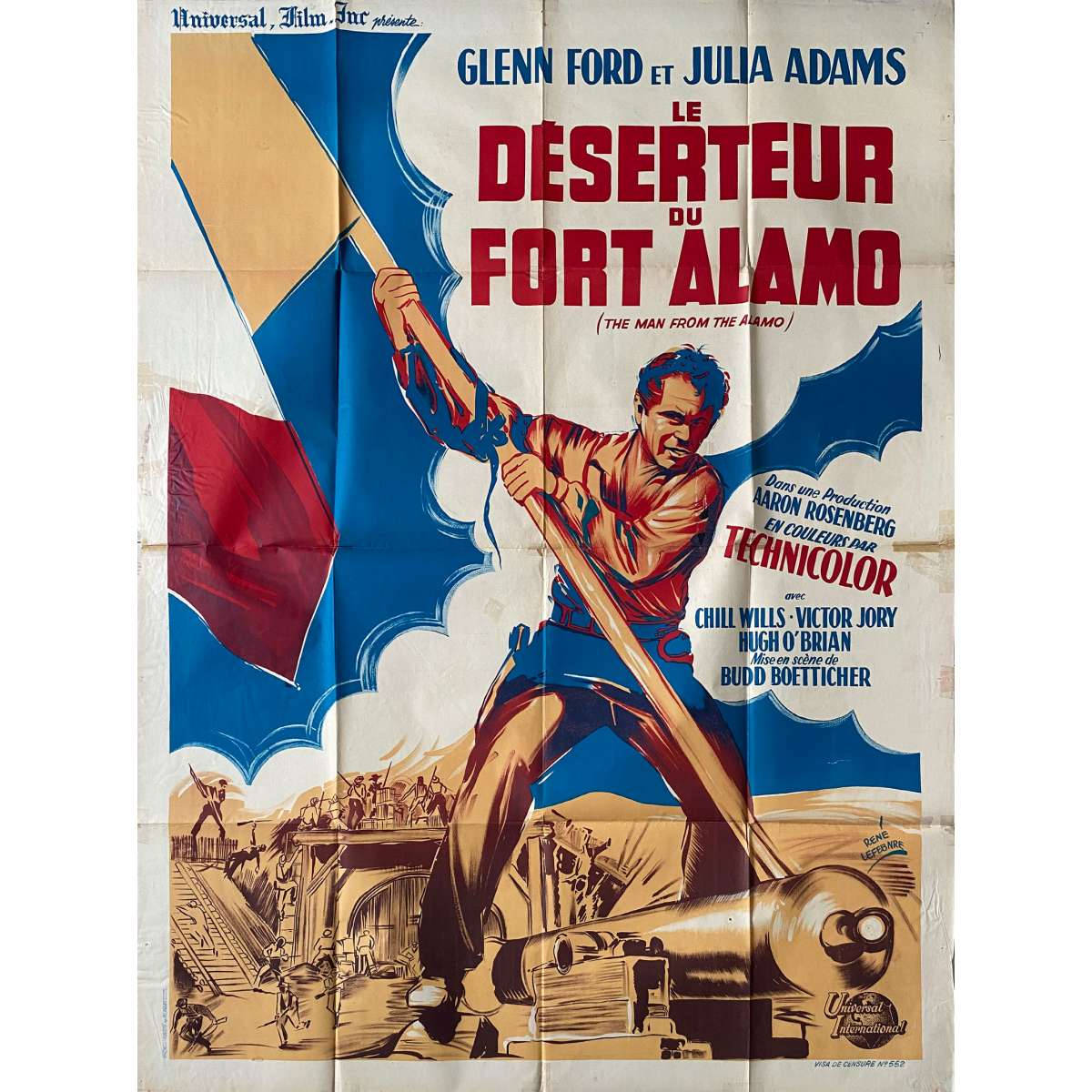 復古法國電影海報，為《The Man from the Alamo》而設，格倫·福特舉著旗幟。