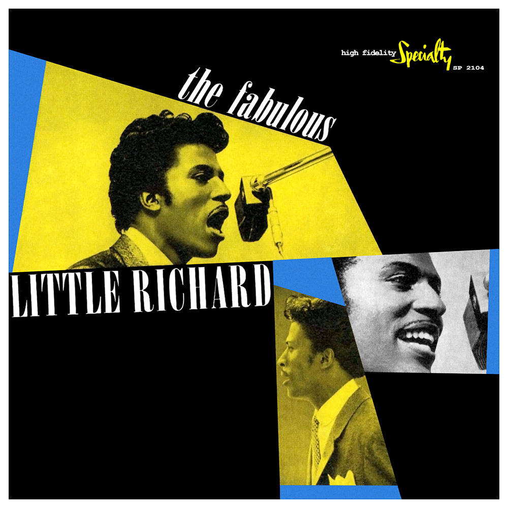 1959年《搖滾奇才小理查德》專輯封面 壁紙 — Little Richard 對著咪高峰唱歌的鮮豔幾何拼貼畫，配以大膽的黃色、藍色和黑色區塊。