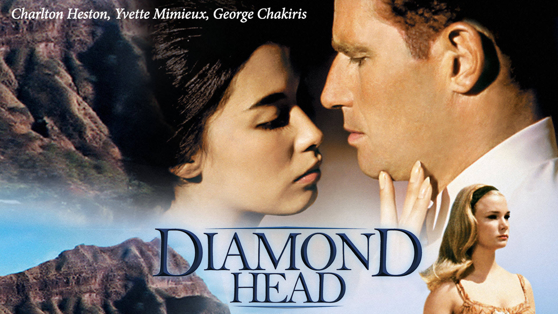 1962年電影《鑽石頭》海報，喬治·查基里斯飾演德恩·卡哈納醫生 壁紙 — 一張浪漫電影海報，兩位演員以近距離側面輪廓呈現，背景為山巒，角落有第三位女性。