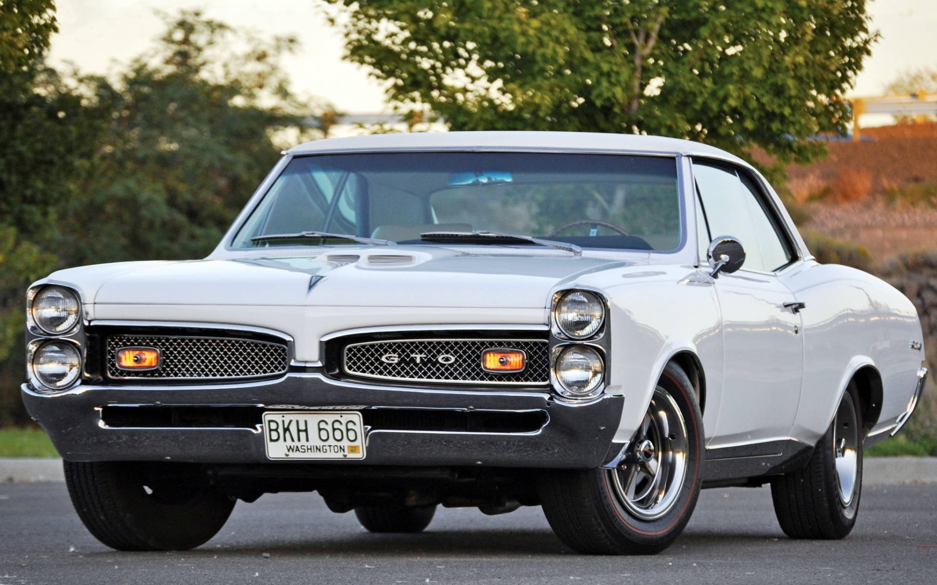 1967 年白色龐蒂克 GTO 壁紙 — 一輛純白色的1960年代Pontiac GTO肌肉車在黃金時段的光芒下閃耀，配以鍍鉻飾邊和紅線輪胎。