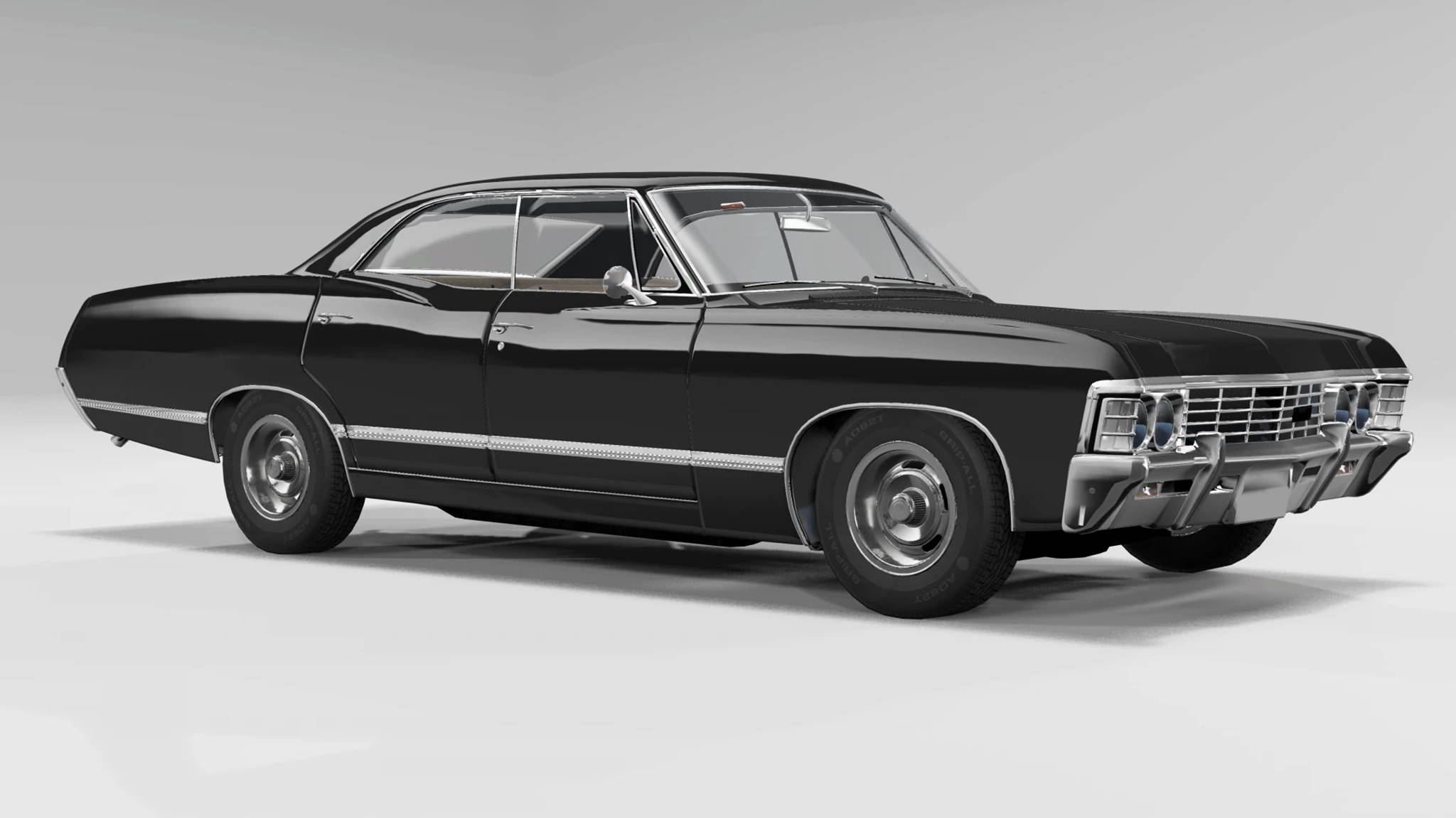 經典之美 - 1967 年雪佛蘭 Impala 壁紙 — 一輛時尚的黑色經典美國肌肉車，帶有鍍鉻裝飾和白牆輪胎，在中性工作室背景前擺姿勢。