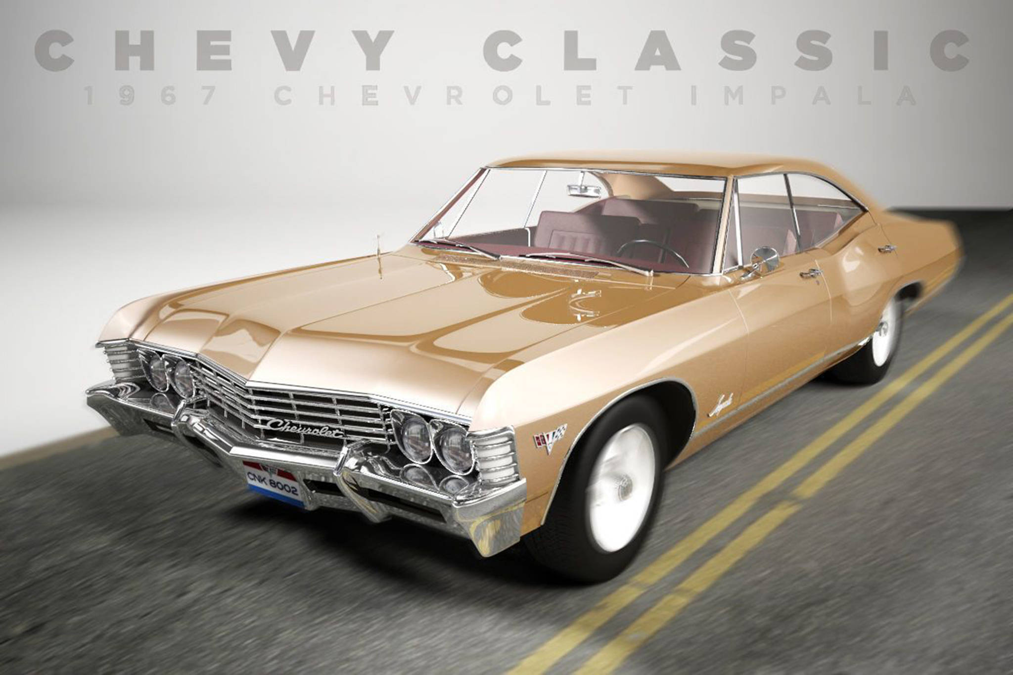 1967年秋金色雪佛蘭 Impala 壁紙 — 一輛閃閃發光的金色1967年雪佛蘭Impala在柔和的工作室燈光下行駛在一條帶有黃線的模糊道路上。