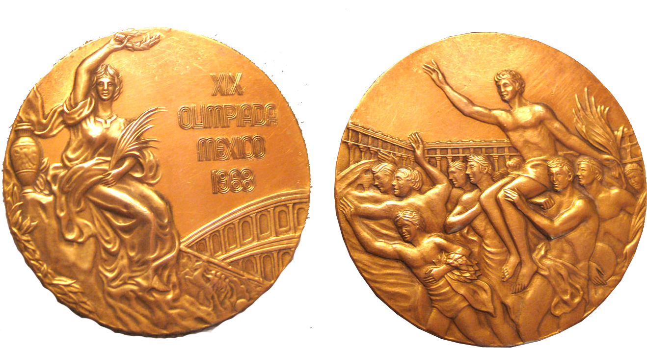 1968年墨西哥奧運金牌 壁紙 — 1968年墨西哥奧運金牌，浮雕中升起女神和慶祝的運動員。