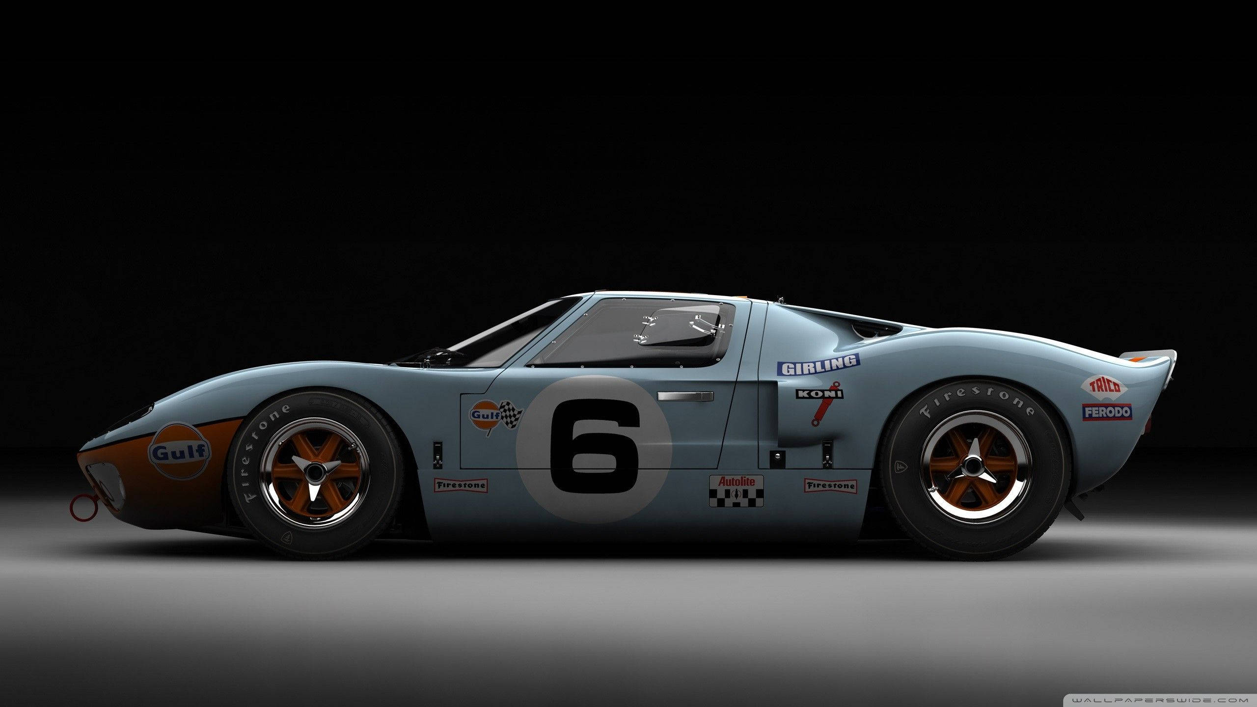 淺藍色海灣福特GT40賽車，帶有6號，在深色工作室背景上。 — 賽車 壁紙
