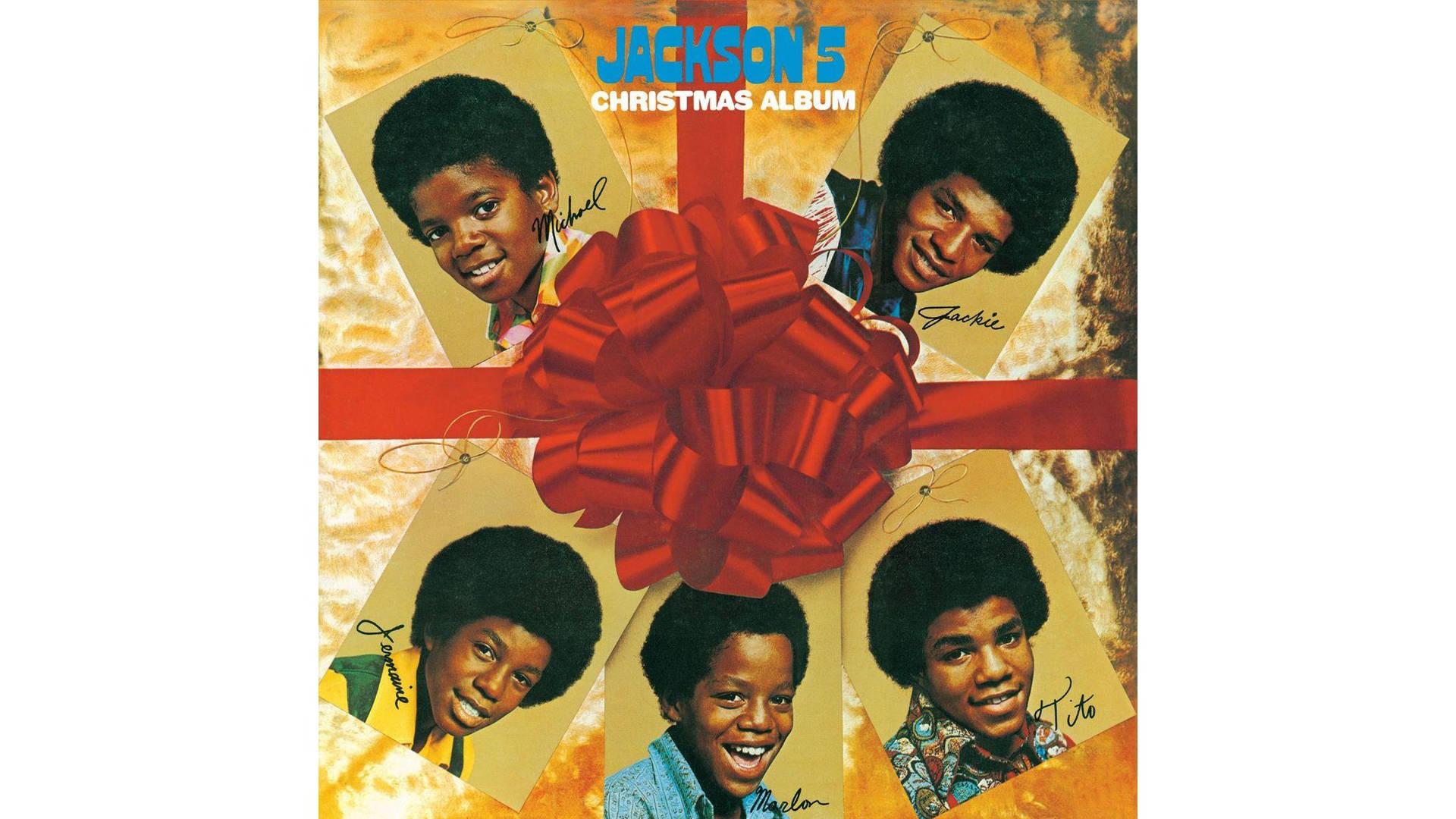 Jackson 5 聖誕專輯封面，禮物標籤和紅色蝴蝶結上有笑臉。