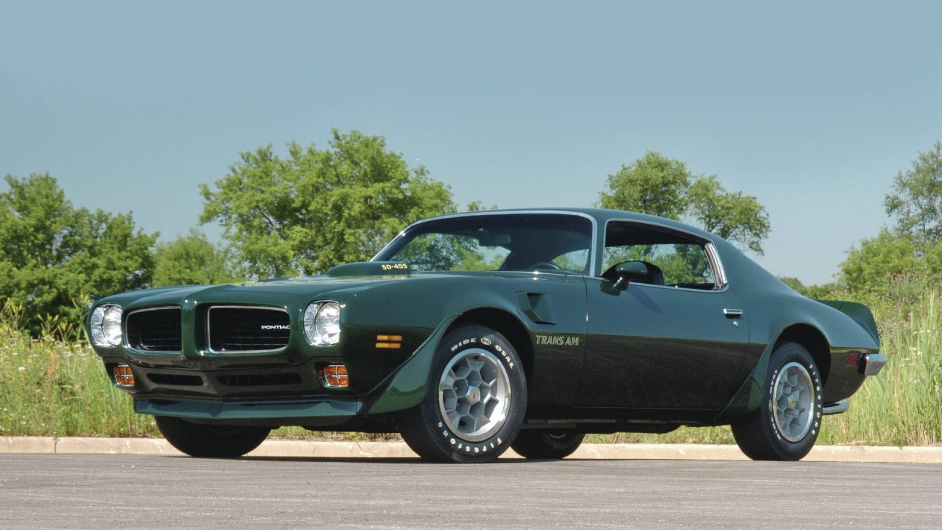 1973 普利茅斯 Trans Am 壁紙 — 一架型格綠色Pontiac Trans Am肌肉車停泊在瀝青路上，背景有樹木和晴朗藍天。