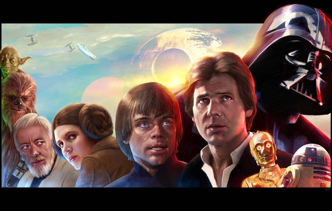 《星際大戰》1977年電影版 卢克·天行者 4K 壁紙 — 星際大戰角色，包括達斯維達、路克、莉亞、韓索羅和C3PO，站在太空船和死星的背景下。
