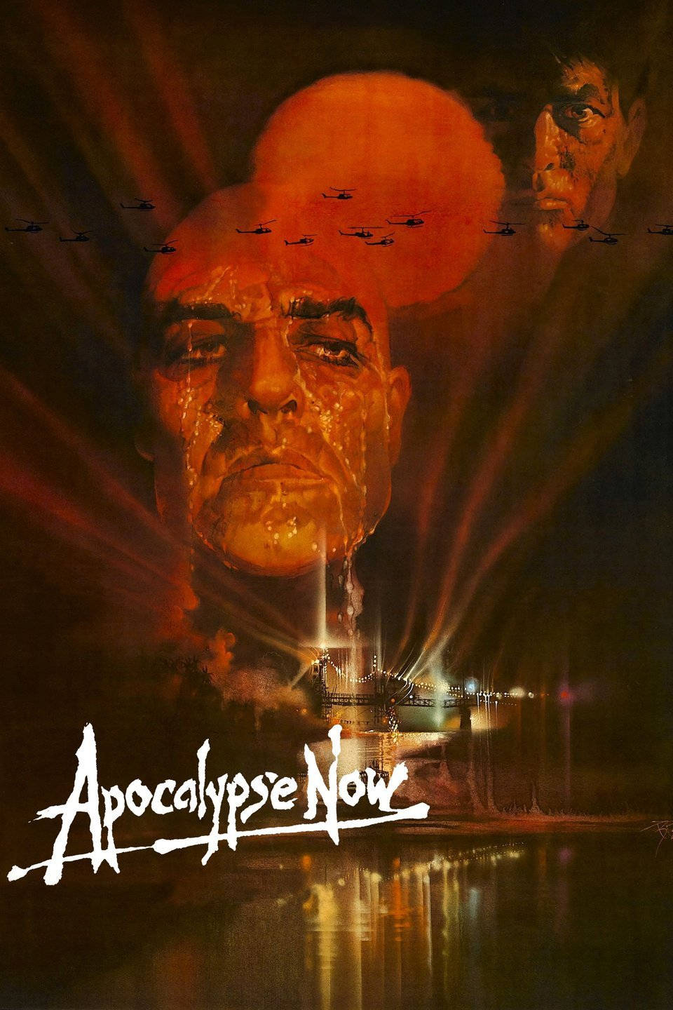 1979年《現代啟示錄》電影 壁紙 — 一張火熱的橙黑色《現代啟示錄》電影海報，上面有一個男人的臉，直升機在夜間飛過燃燒的橋樑。