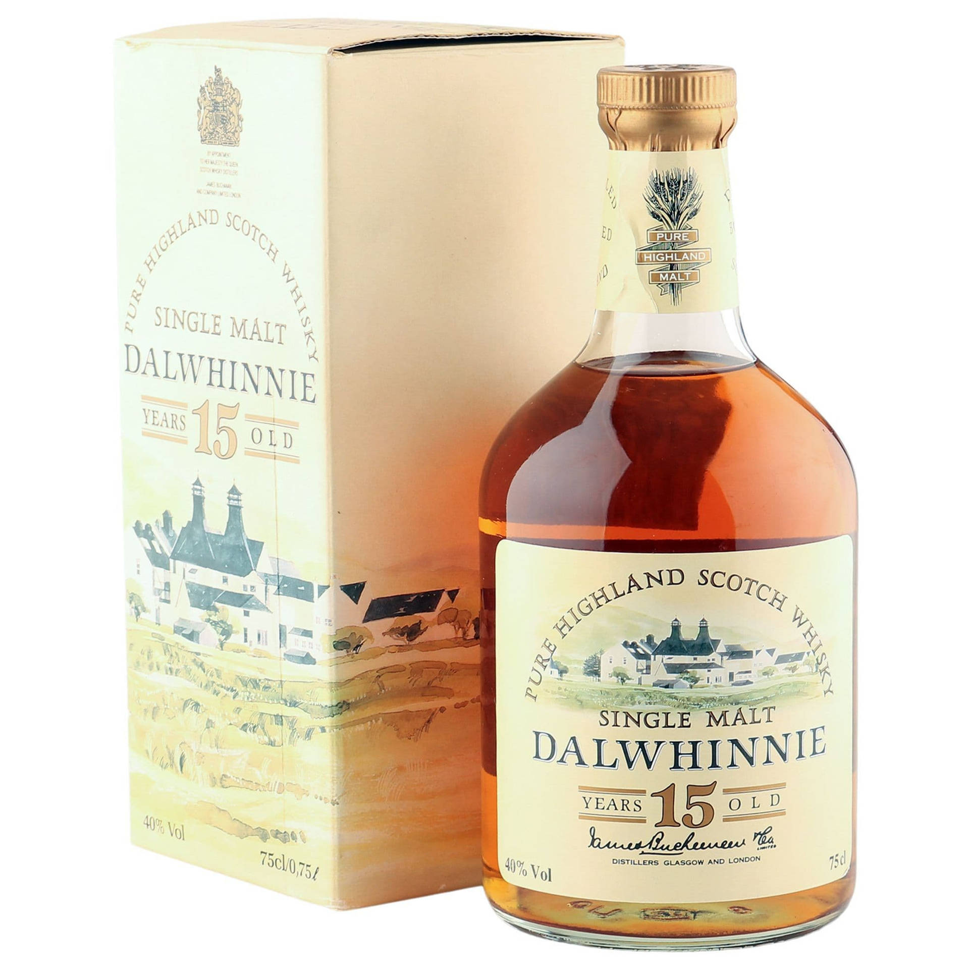 一瓶15年Dalwhinnie單一麥芽威士忌連盒，附有插圖蒸餾廠場景。
