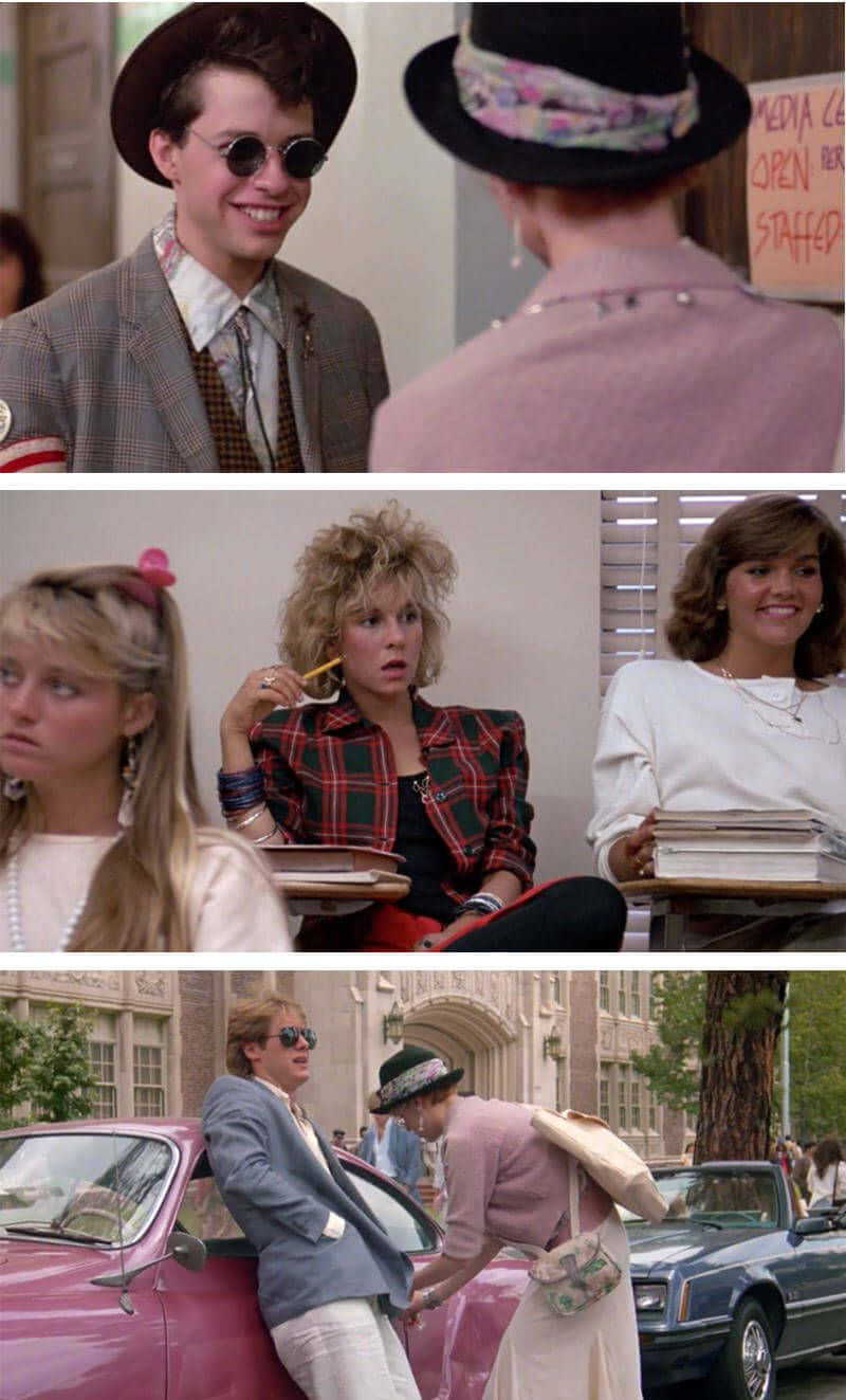 Jon Cryer 桌布 壁紙 — 1980年代電影拼貼，展示角色在學校和汽車場景中，帶有鮮豔時尚和富有表現力的面孔。