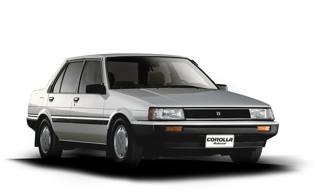 1983年款豐田Corolla轎車 壁紙 — 一輛銀色1983年豐田Corolla 4門房車在黑色背景上以工作室燈光展示，上方有大型白色「1983」文字。