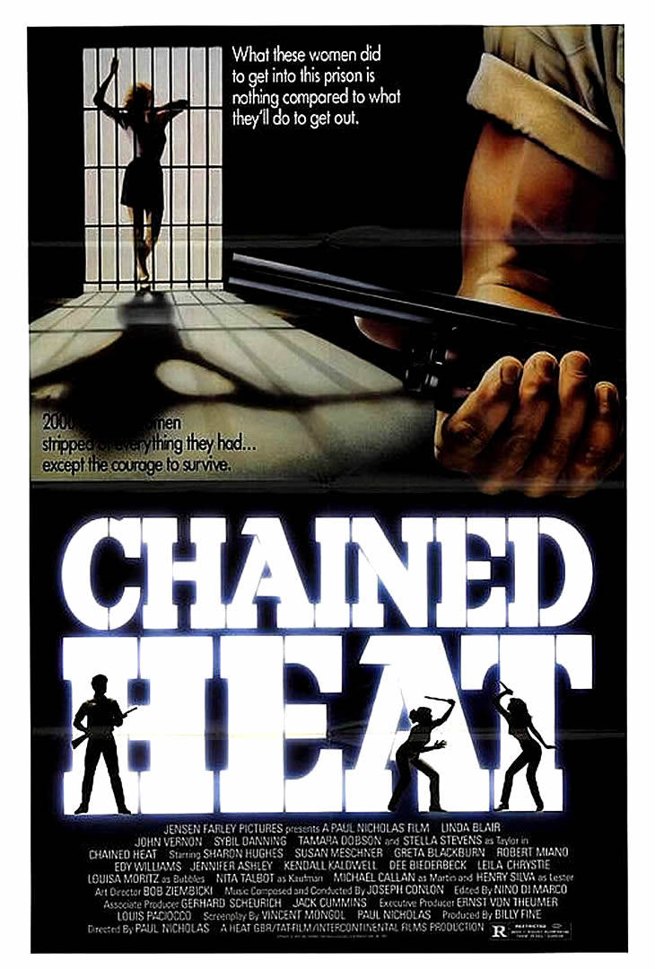 電影《Chained Heat》的海報，顯示一名女子在監獄中，以及一隻手持槍。
