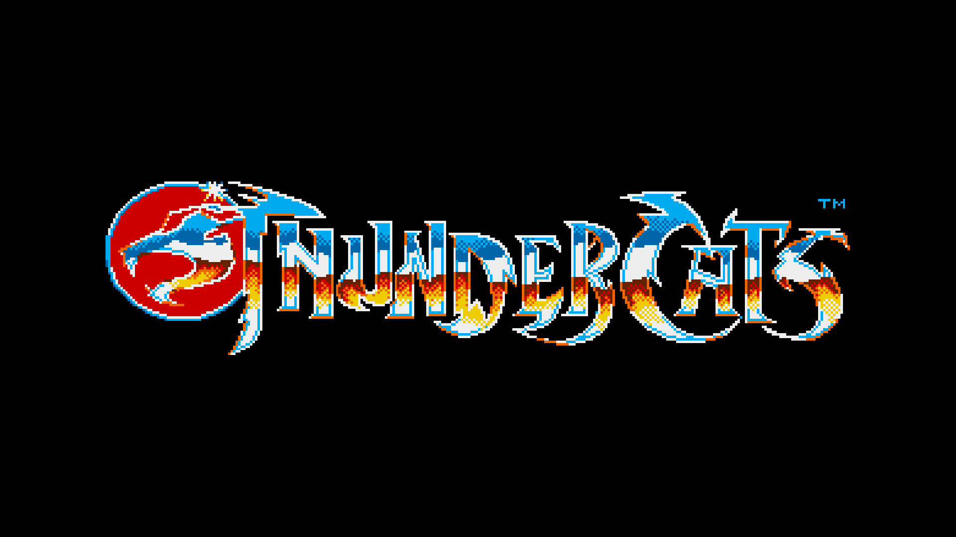 1985 年 Thundercats 電視劇標誌 壁紙 — 像素化的 ThunderCats 標誌，黑色背景上有一個紅色圓圈，內有一隻跳躍的黑豹。