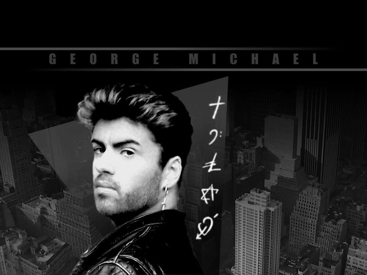 1987年的George Michael 壁紙 — 喬治·米高穿著皮褸，在單色城市景觀背景下，帶有他的名字和日文文字疊加，凝視著鏡頭。