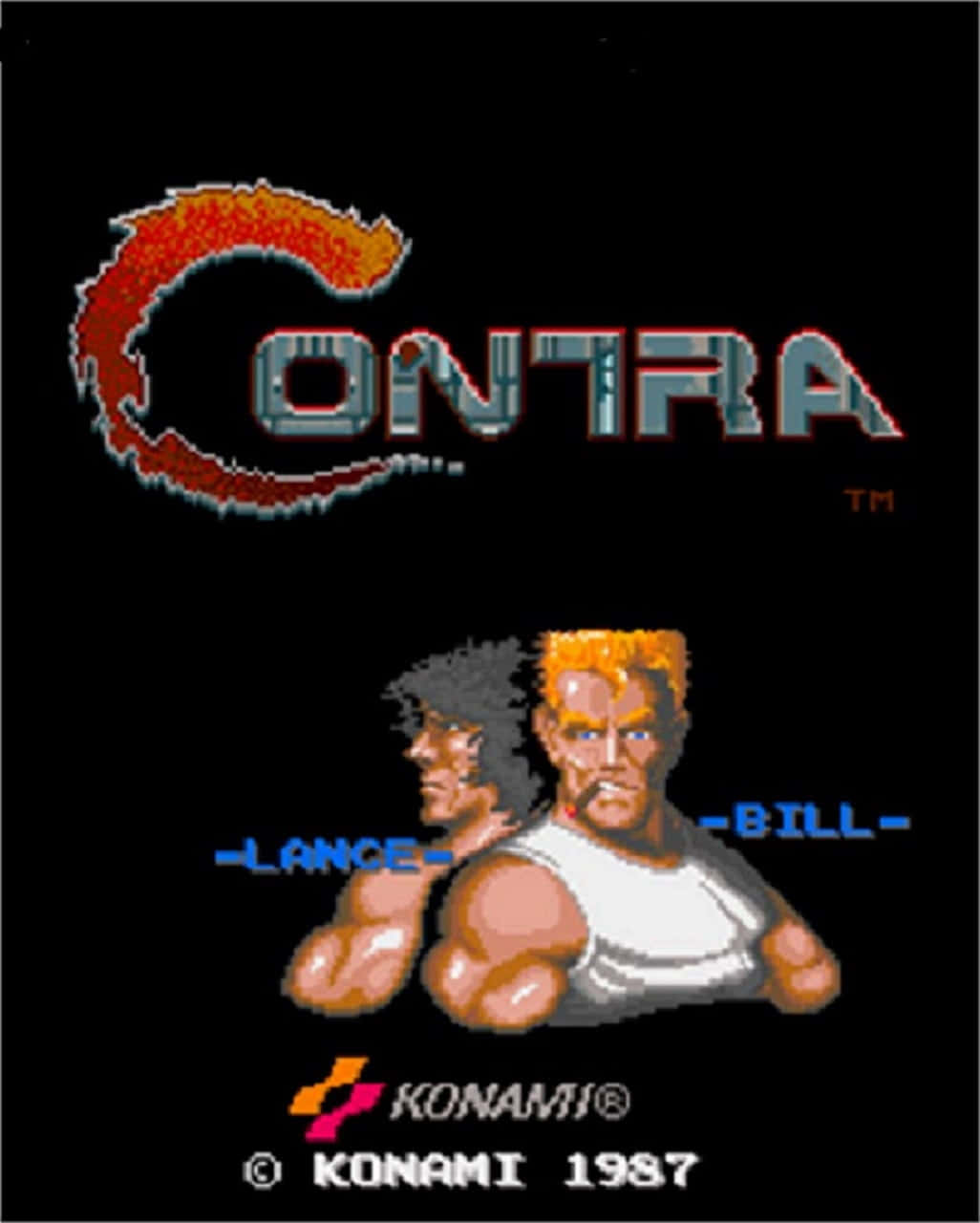 arcade 桌布 壁紙 — 1987年經典Konami遊戲《魂斗羅》的像素藝術標題畫面，黑色背景上顯示角色Lance和Bill。