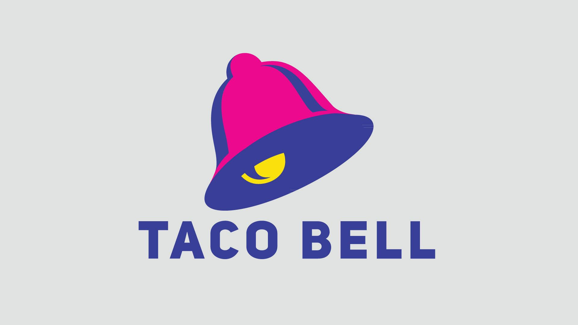 塔可鐘1994年標誌 壁紙 — 一個風格化的粉紅色和藍色Taco Bell標誌，帶有黃色新月形嘴巴，位於淺灰色背景上。