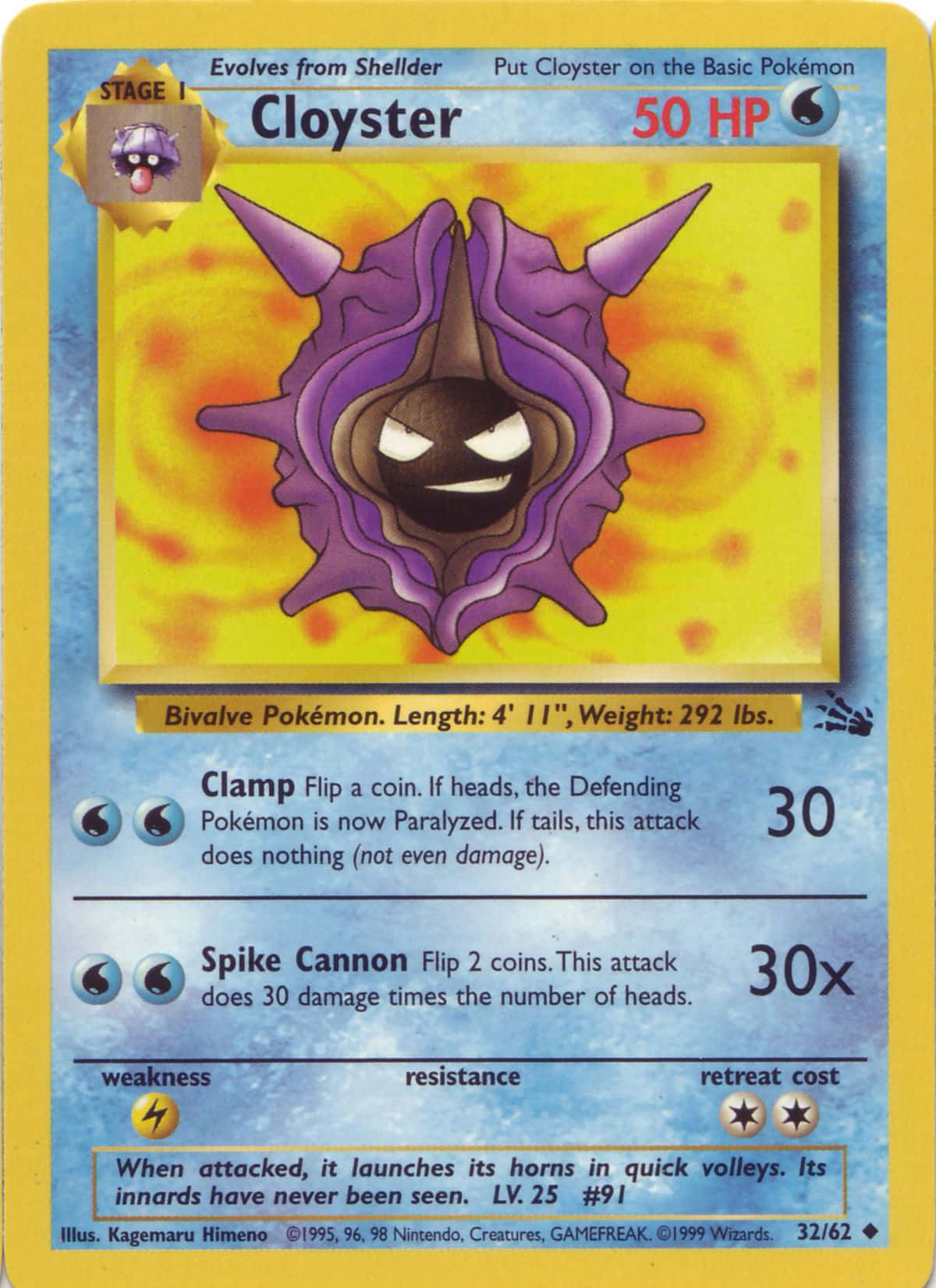 1999 年版 Cloyster 卡牌 壁紙 — 一張紫色多刺的鐵甲貝寶可夢卡，帶有咧嘴笑的表情和黃橙色背景。