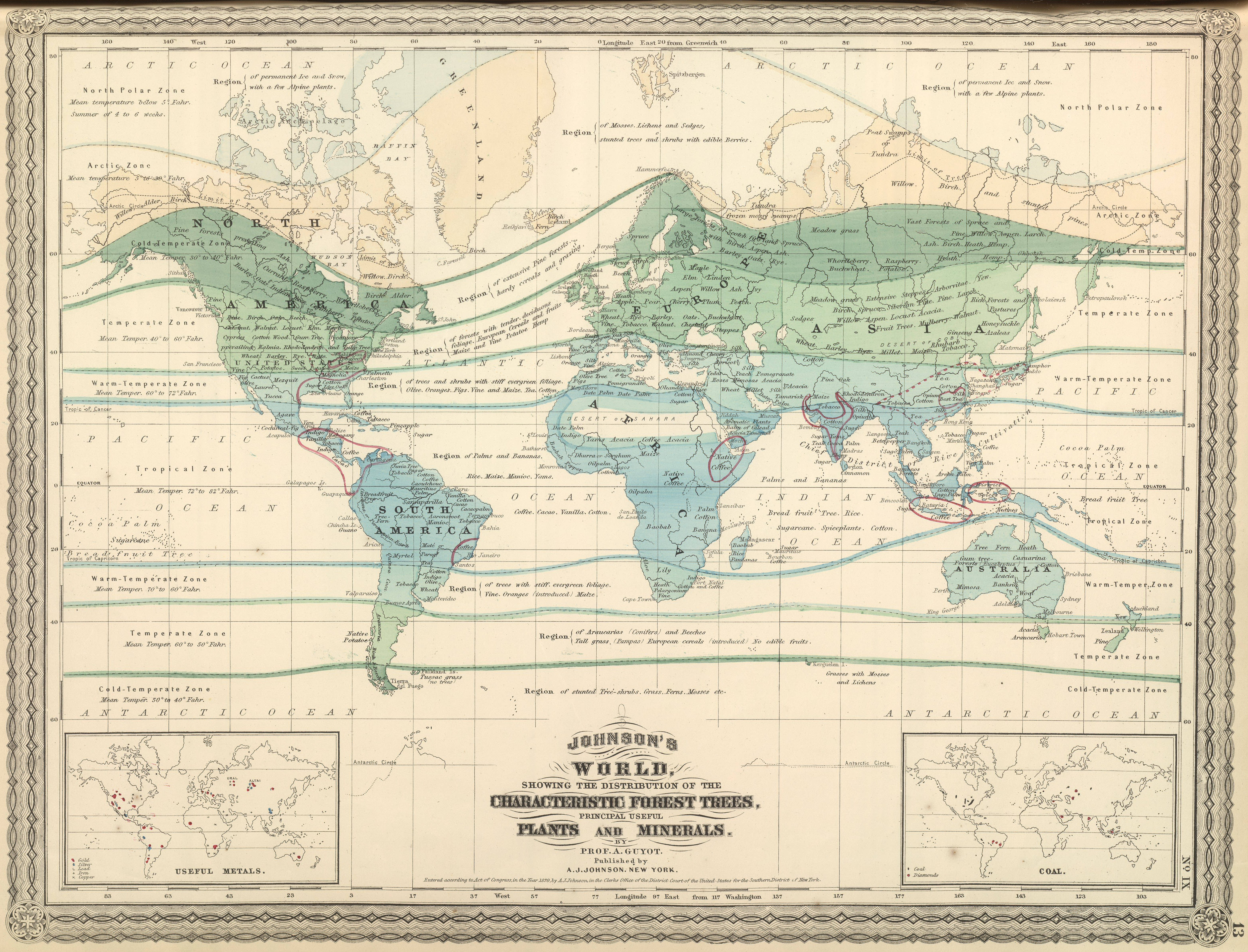 Map 桌布 壁紙 — 19世紀復古世界地圖，描繪森林樹木植物和礦物分佈，帶有華麗邊框和詳細文字標籤。