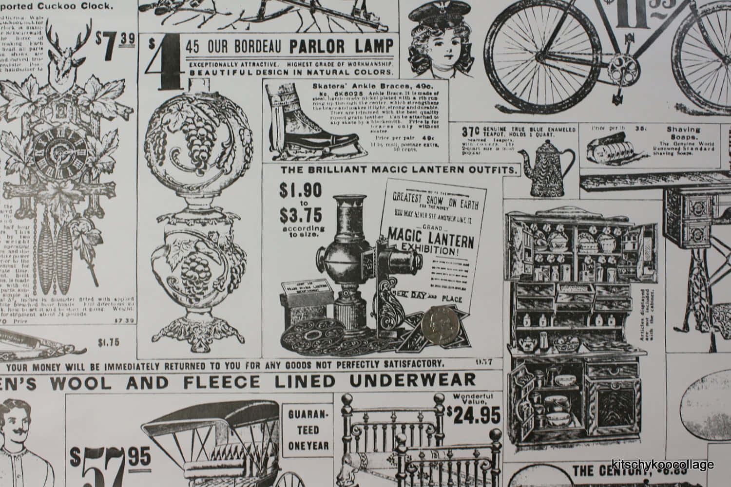 Black And White Newspaper 桌布 壁紙 — 19世紀燈具、家具和魔術燈籠廣告的復古黑白拼貼，附有價格和插圖。
