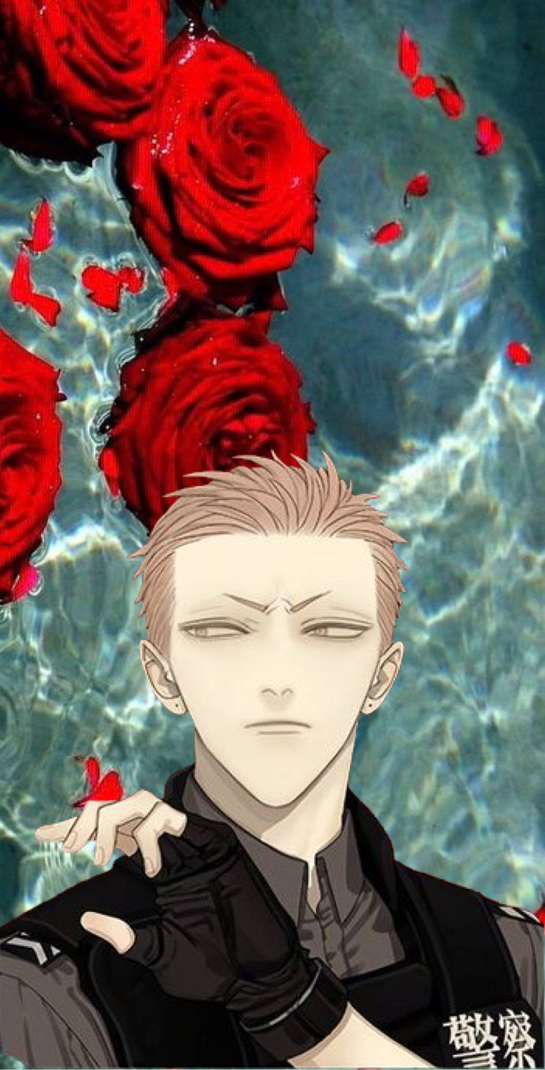 19天 Guan Shan 情侶半心 壁紙 — 一個蒼白的金髮動漫男子漂浮在水中，周圍環繞著鮮豔的紅玫瑰和花瓣。