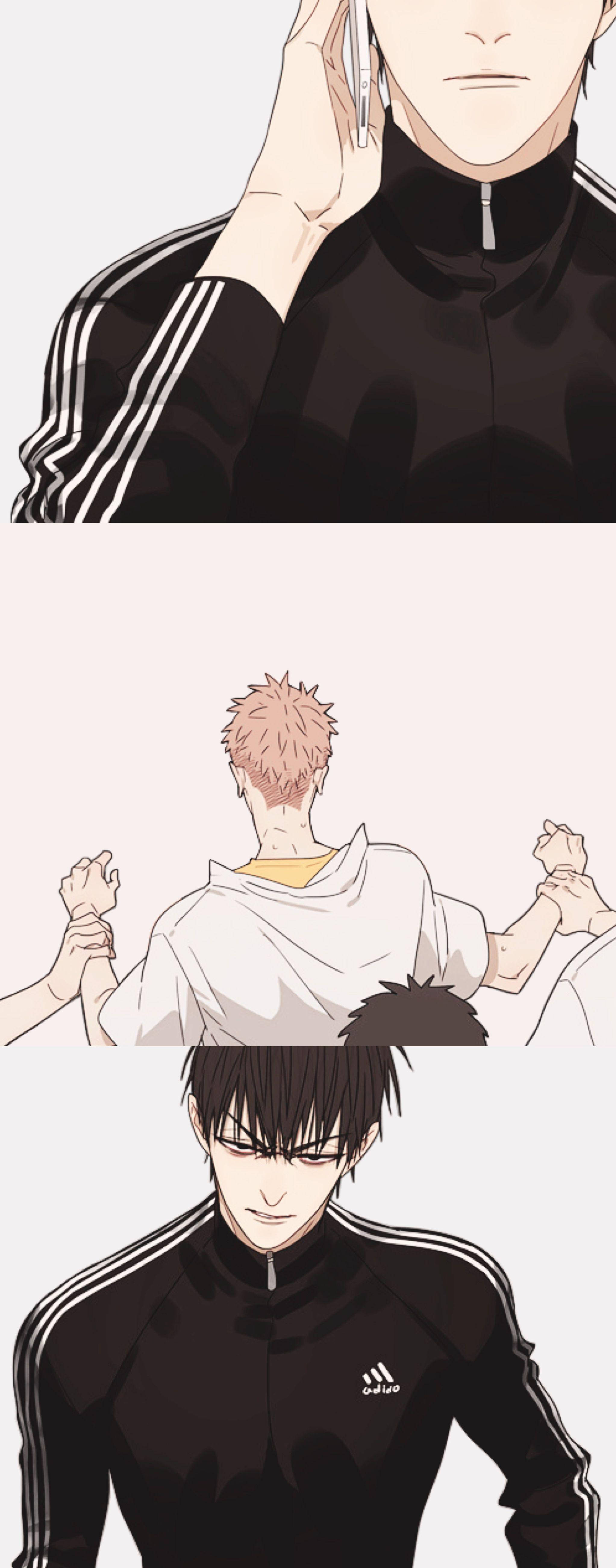 19天 He Tian 與 Mo 漫畫壁紙 壁紙 — 三個動漫風格的男性角色穿著運動服，以特寫和背面視角展示，表情中性。