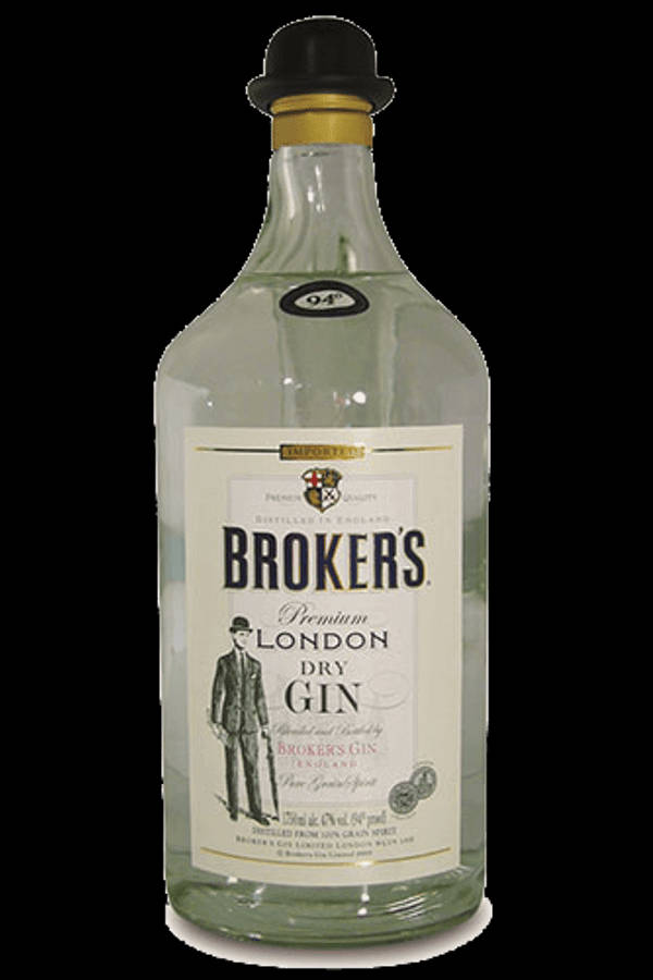 Broker's Premium London Dry Gin 酒瓶，帶有黑色圓頂硬禮帽瓶塞和復古標籤。