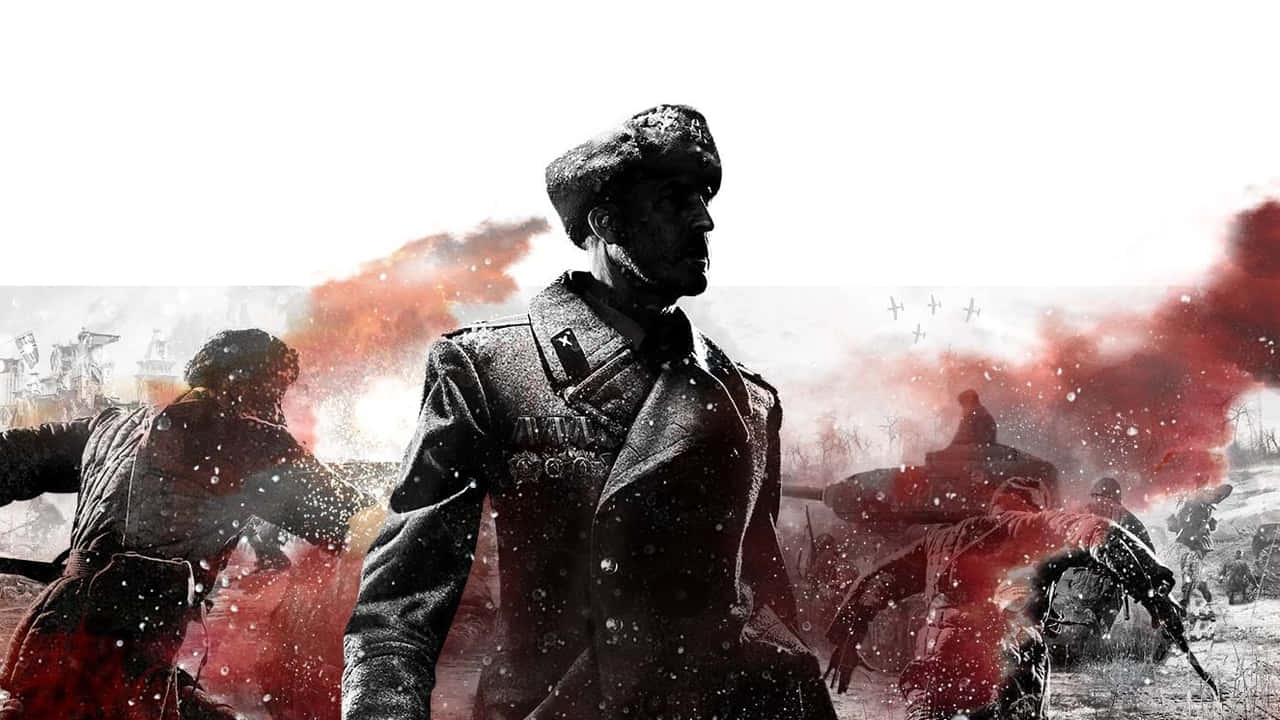 《英雄連隊2》——二戰後的經典即時戰略遊戲 壁紙 — 一名穿著冬季裝備的士兵在爆炸和飄雪混亂的戰場上堅定地站立。