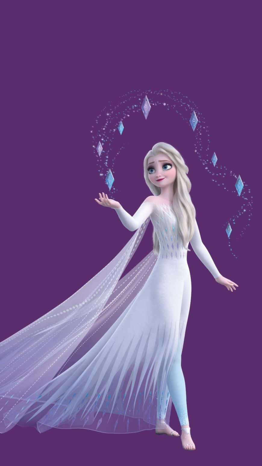 安娜的姐姐艾莎，身著閃耀白裙，來自《冰雪奇緣2》 壁紙 — 《魔雪奇緣》的愛莎身穿白色長裙，在深紫色背景前優雅飄浮，冰晶在她雙手周圍旋轉。