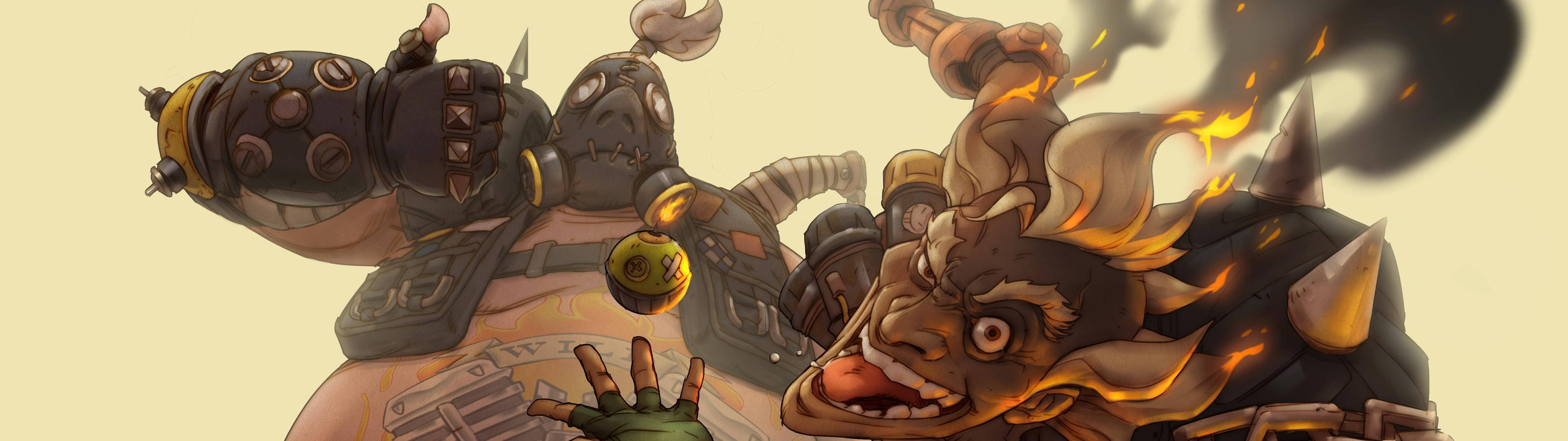 《守望先鋒2》 Junkrat 壁紙 — 一個帶有角和盔甲的火焰惡魔生物，對著樸素背景猛烈咆哮。