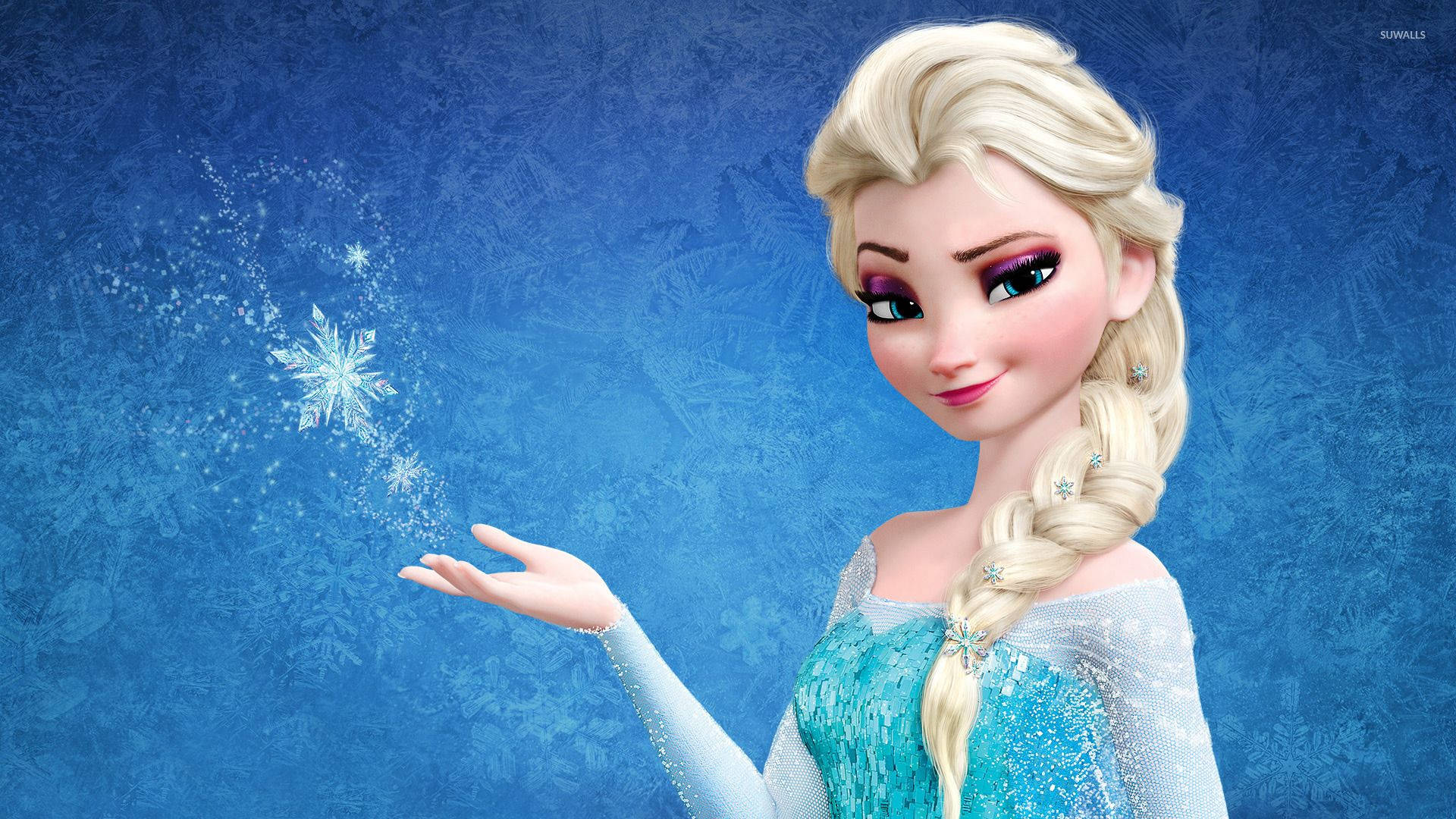《冰雪奇緣2》中的女王艾莎以全盛姿態戰鬥自然元素 壁紙 — 《冰雪奇緣》中的艾莎優雅地伸出手，雪花在帶紋理的冰藍色背景上閃爍。