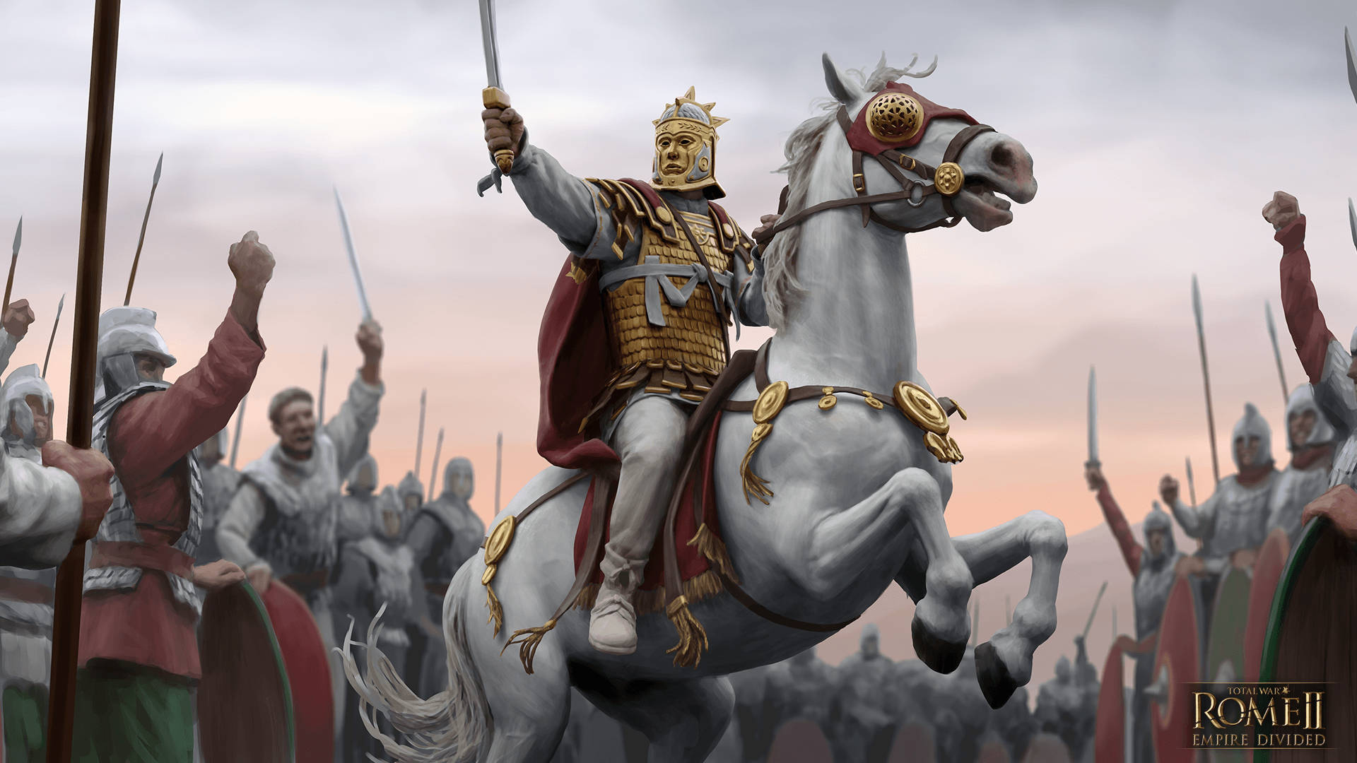 羅馬2：將軍盧修斯·奧雷利安的絢麗藝術圖 壁紙 — 一位羅馬將軍騎著一匹騰躍的白色戰馬，在日落時分帶領他的軍隊進行勝利的衝鋒。